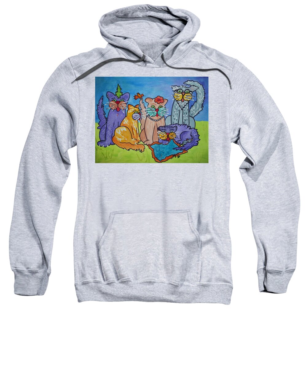 Cats Sweatshirt featuring the painting Cat Family Gathering by Ellen Levinson