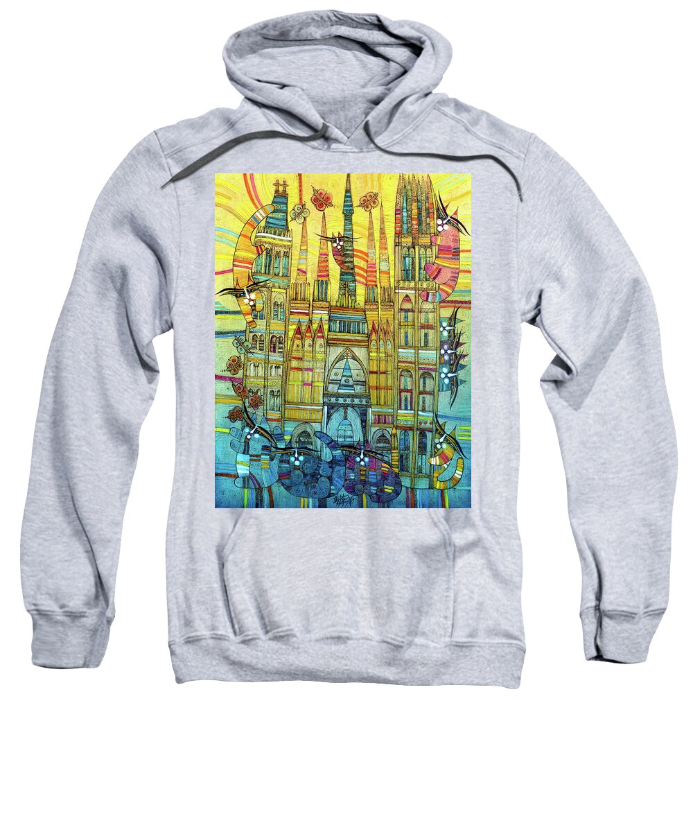 Cat Sweatshirt featuring the painting Cat-hedral by Albena Vatcheva