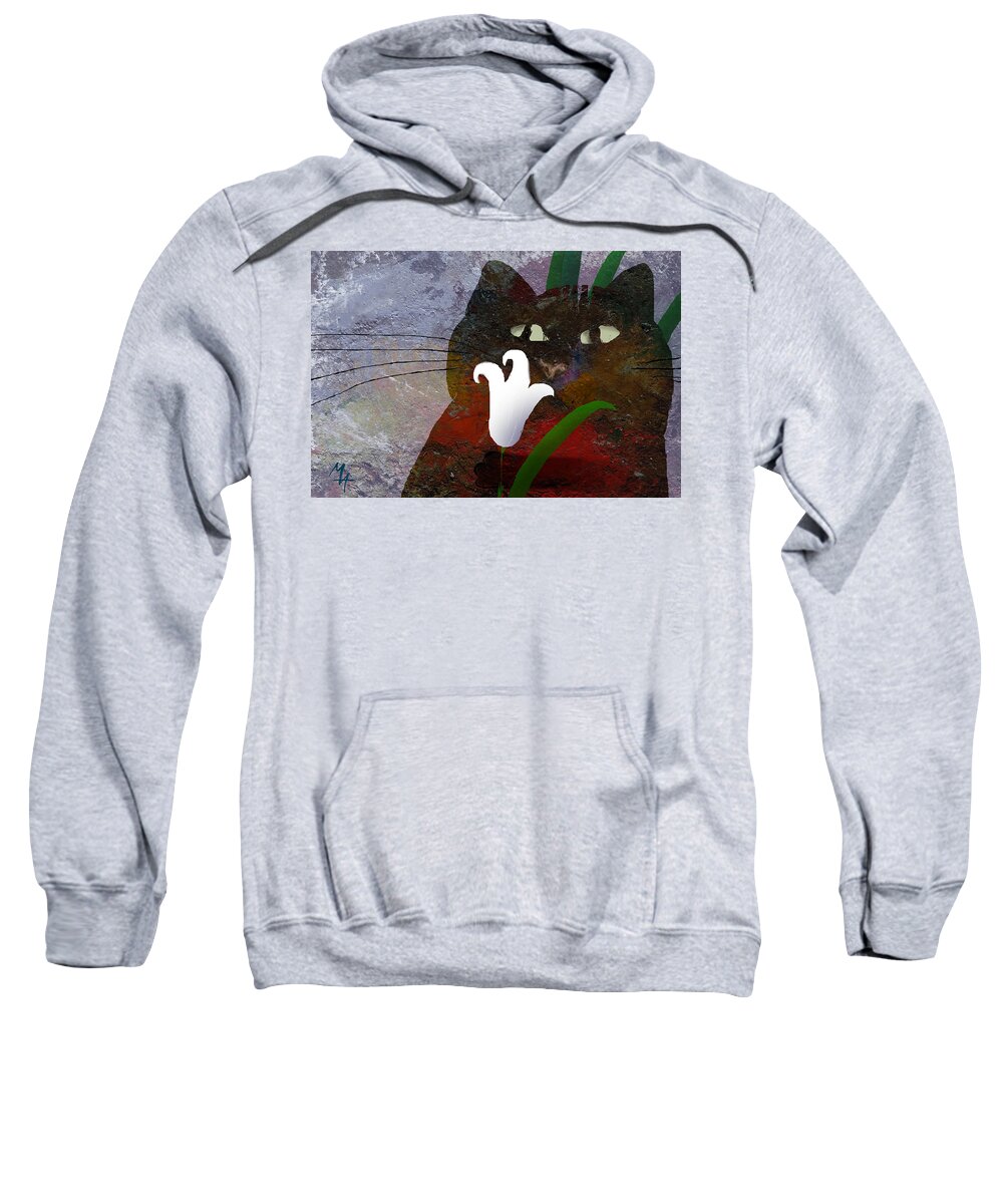Cat Sweatshirt featuring the painting Cat with Lily by Attila Meszlenyi