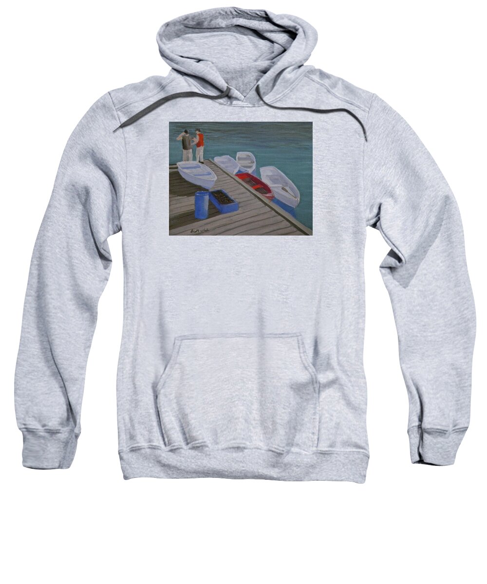 Harbor Boats Water Ocean Lobster People Dock Sweatshirt featuring the painting Catch Of The Day by Scott W White