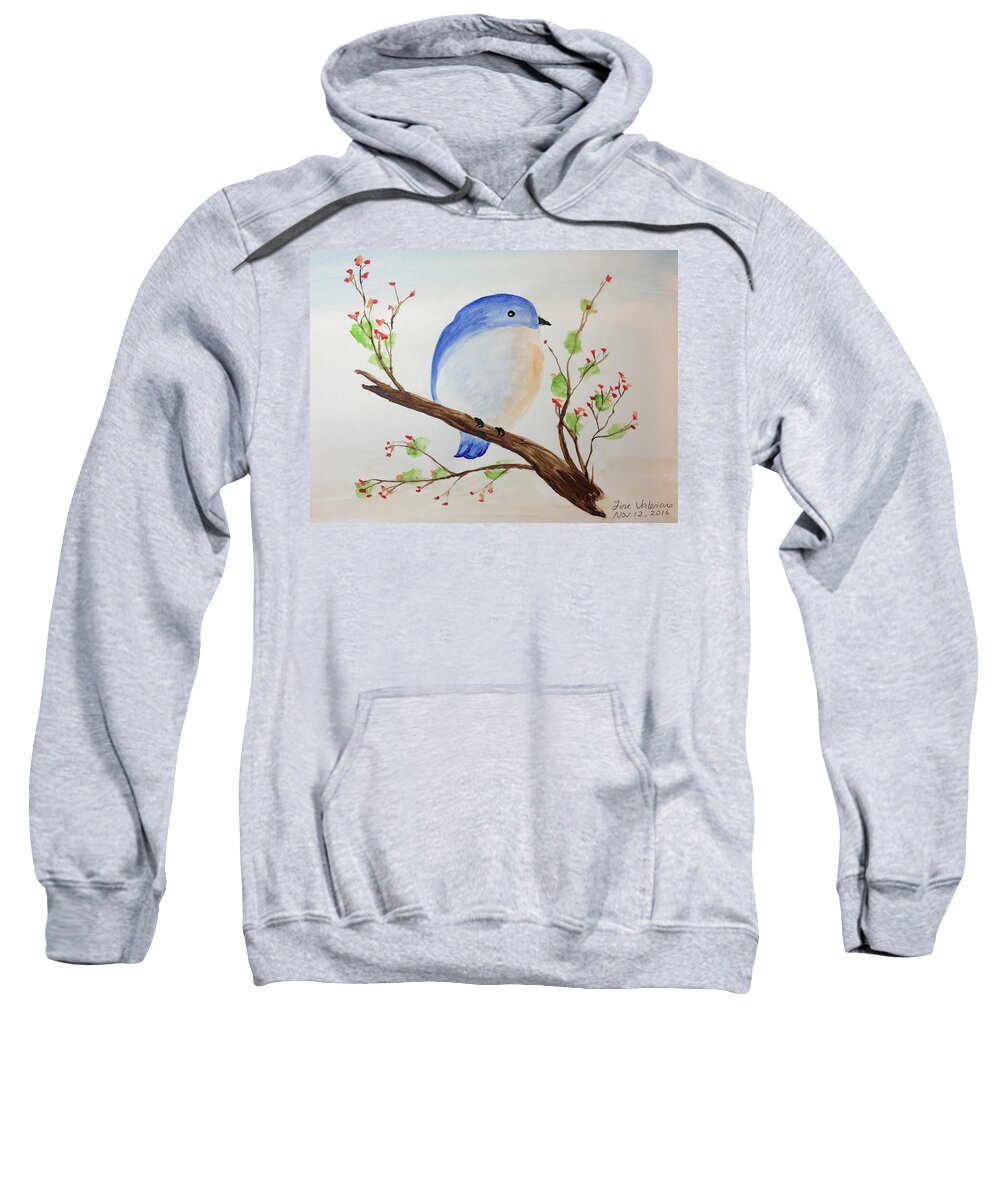 Watercolor Sweatshirt featuring the painting Chickadee on a branch with leaves by Martin Valeriano