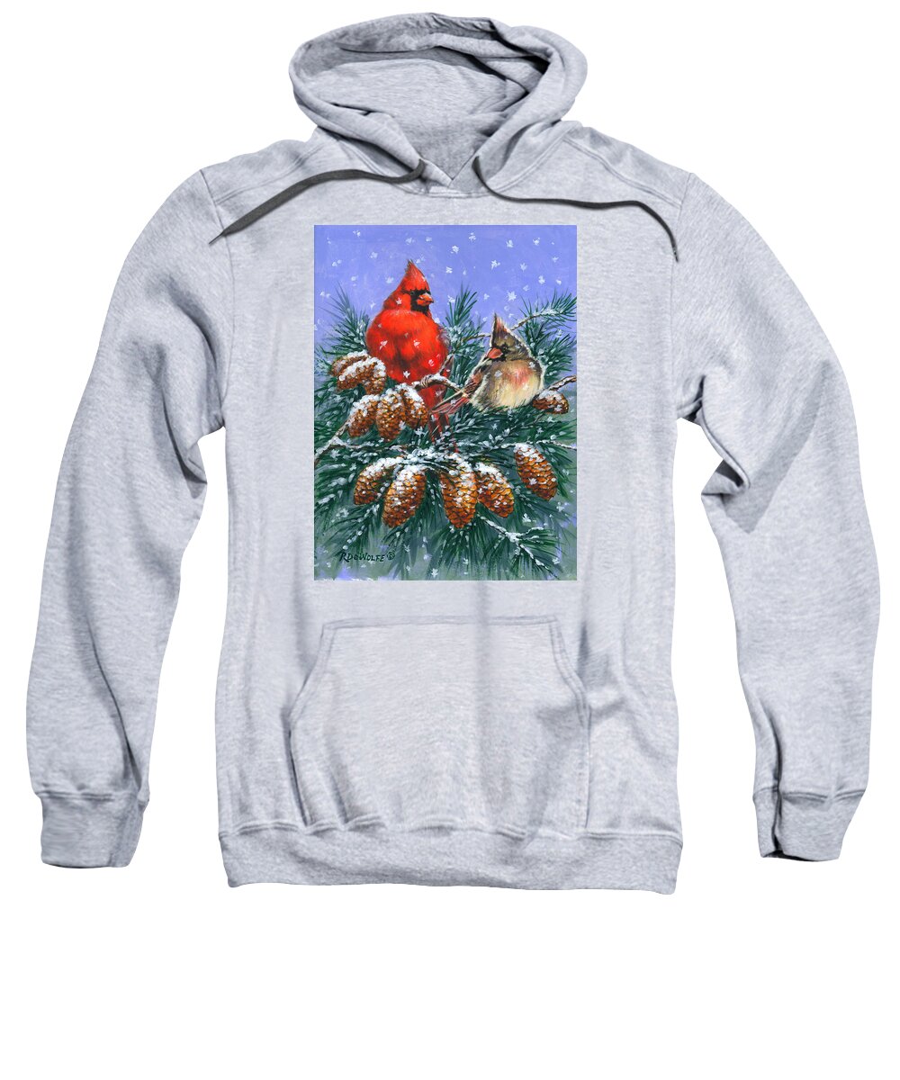 Cardinal Sweatshirt featuring the painting Christmas Cardinals #1 by Richard De Wolfe