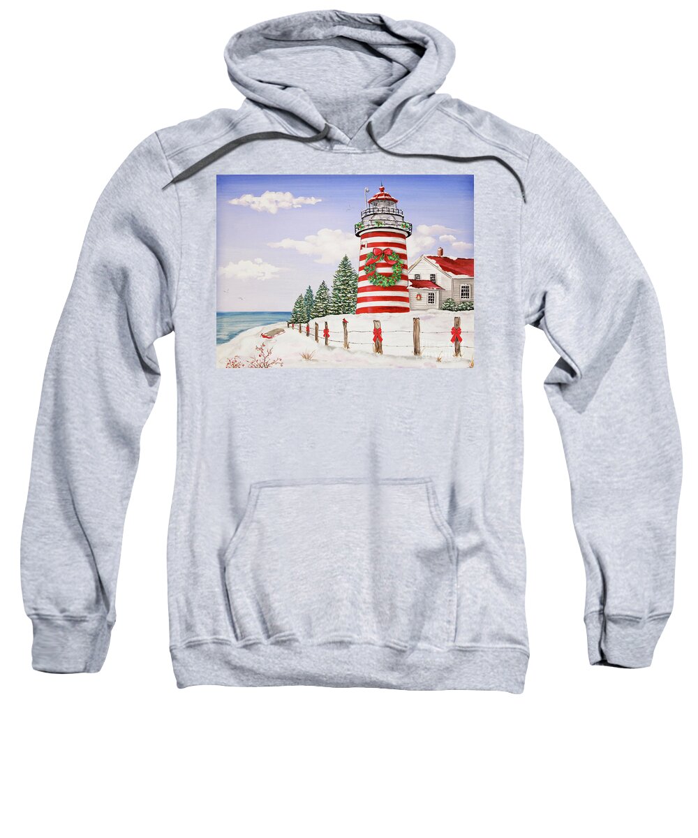 Lighthouse Sweatshirt featuring the painting Christmas Lighthouse-JP3897 by Jean Plout
