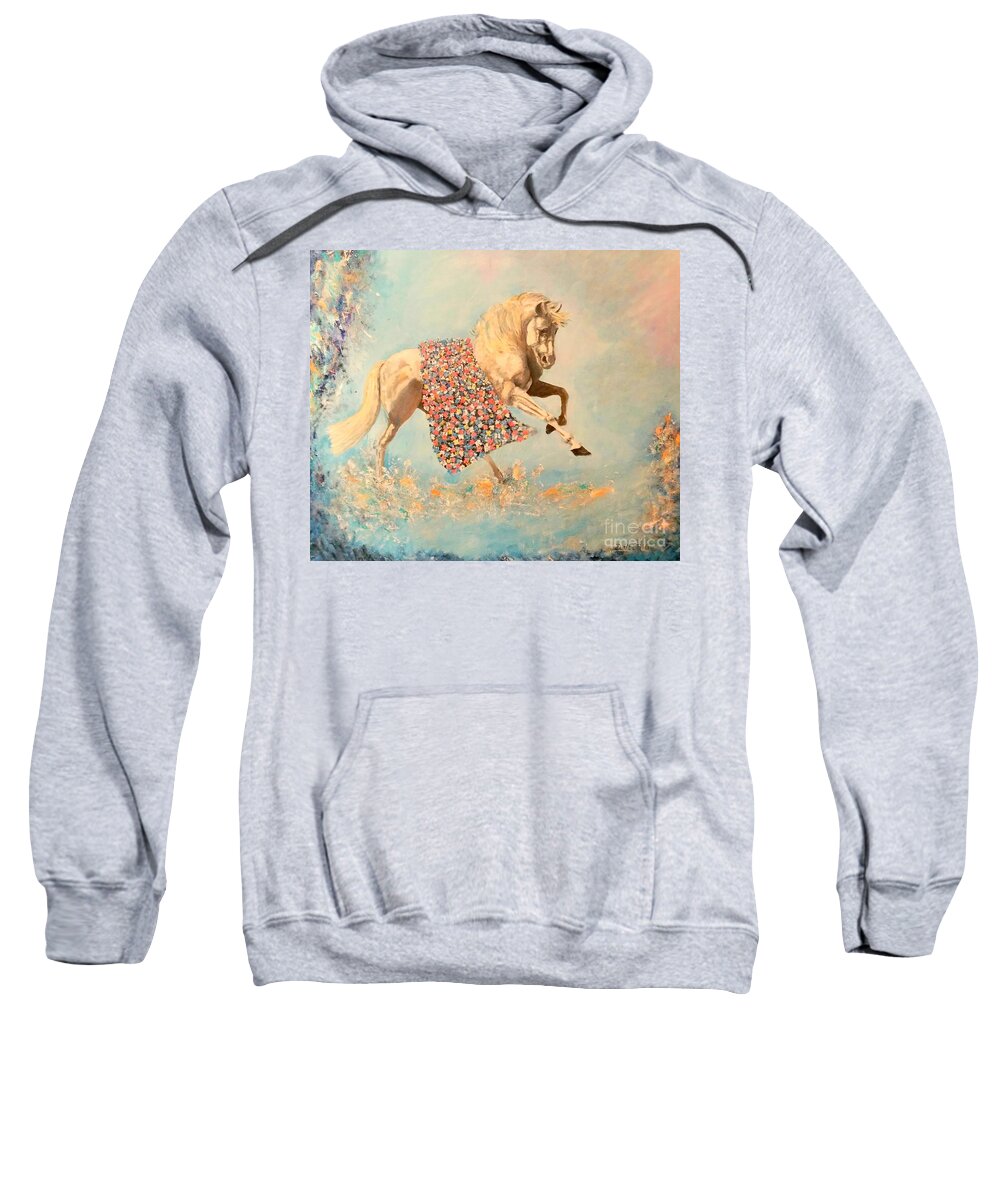 Unicorn With Flowers Sweatshirt featuring the painting Cinderellas Unicorn by Dagmar Helbig