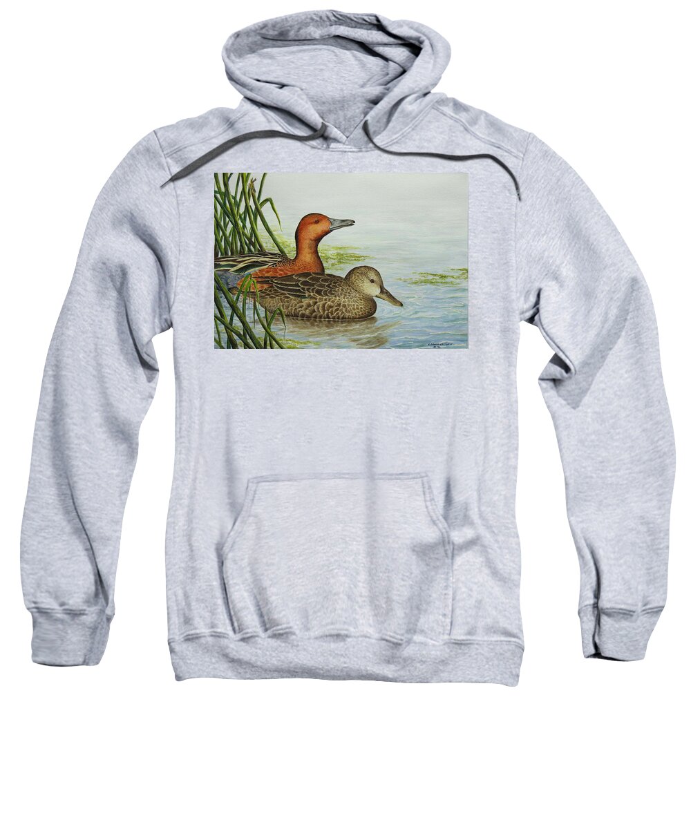 Ducks Sweatshirt featuring the painting Cinnamon Teal Ducks by Elaine Booth-Kallweit