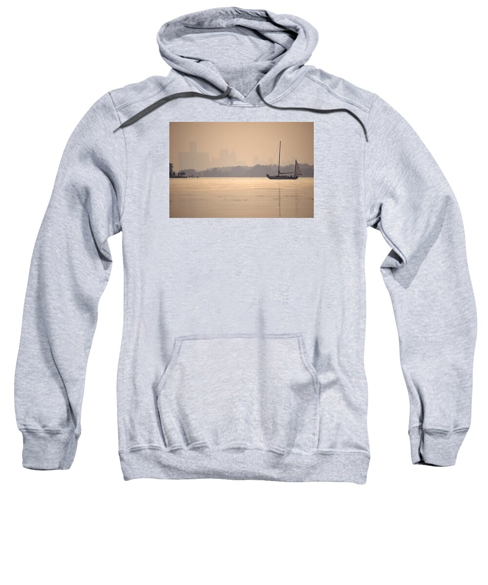 Peche Island Sweatshirt featuring the photograph Classic Boat Anchored in the Detrot River near Peche Island by John Harmon