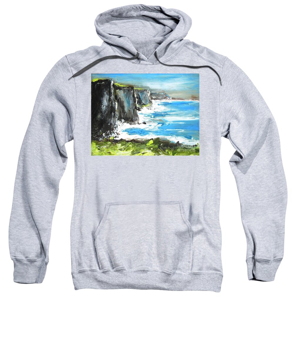 Cliffs Sweatshirt featuring the painting Painting of Cliffs of moher county clare ireland by Mary Cahalan Lee - aka PIXI