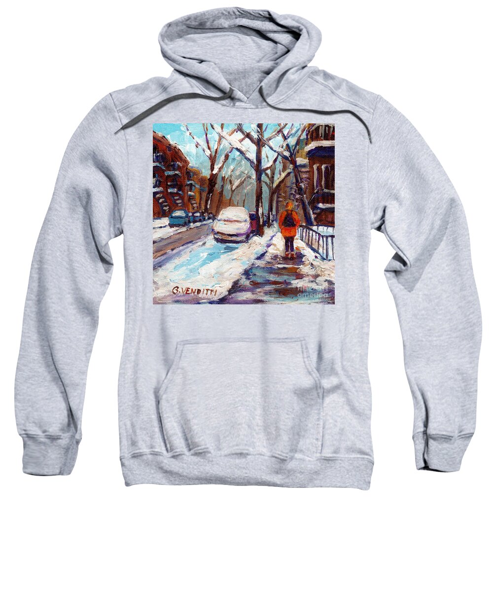 Montreal Sweatshirt featuring the painting Cold Winter Day In The City Montreal Street Scene Painting by Grace Venditti