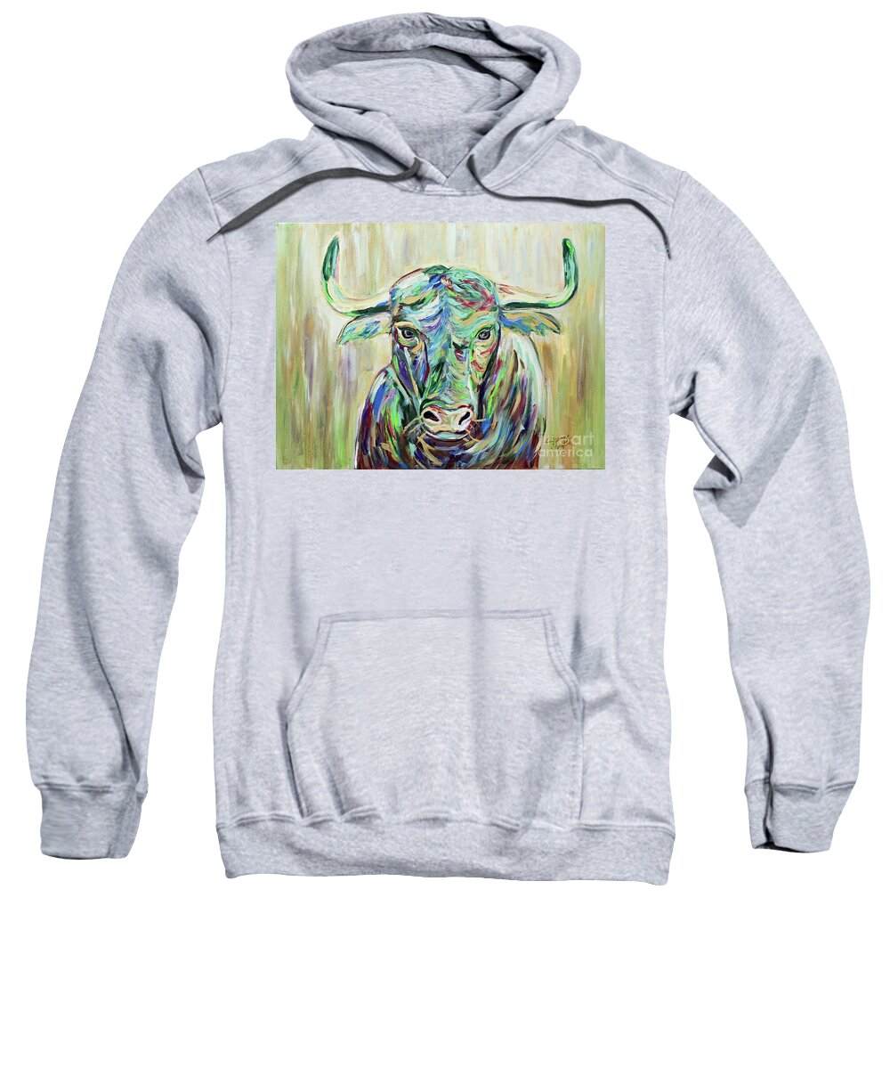 Usf Bull Sweatshirt featuring the painting Colorful Bull by Jeanne Forsythe