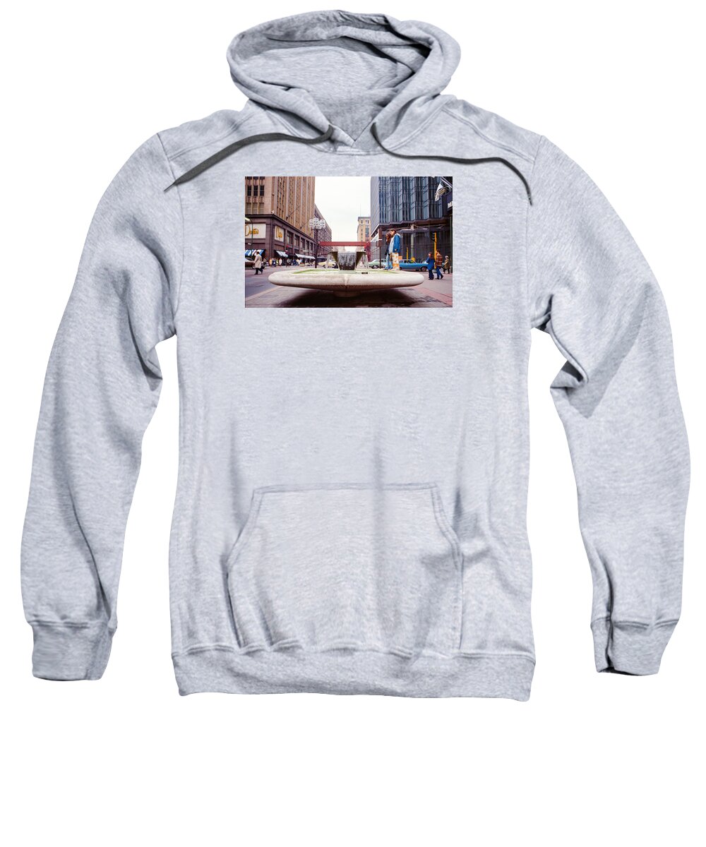 Book Work Sweatshirt featuring the photograph Contemplating the fountain at 8th and Nicollet. by Mike Evangelist