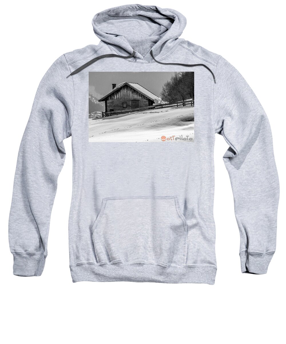 Black And White Photography Sweatshirt featuring the photograph Cottage in winter by Wolfgang Stocker