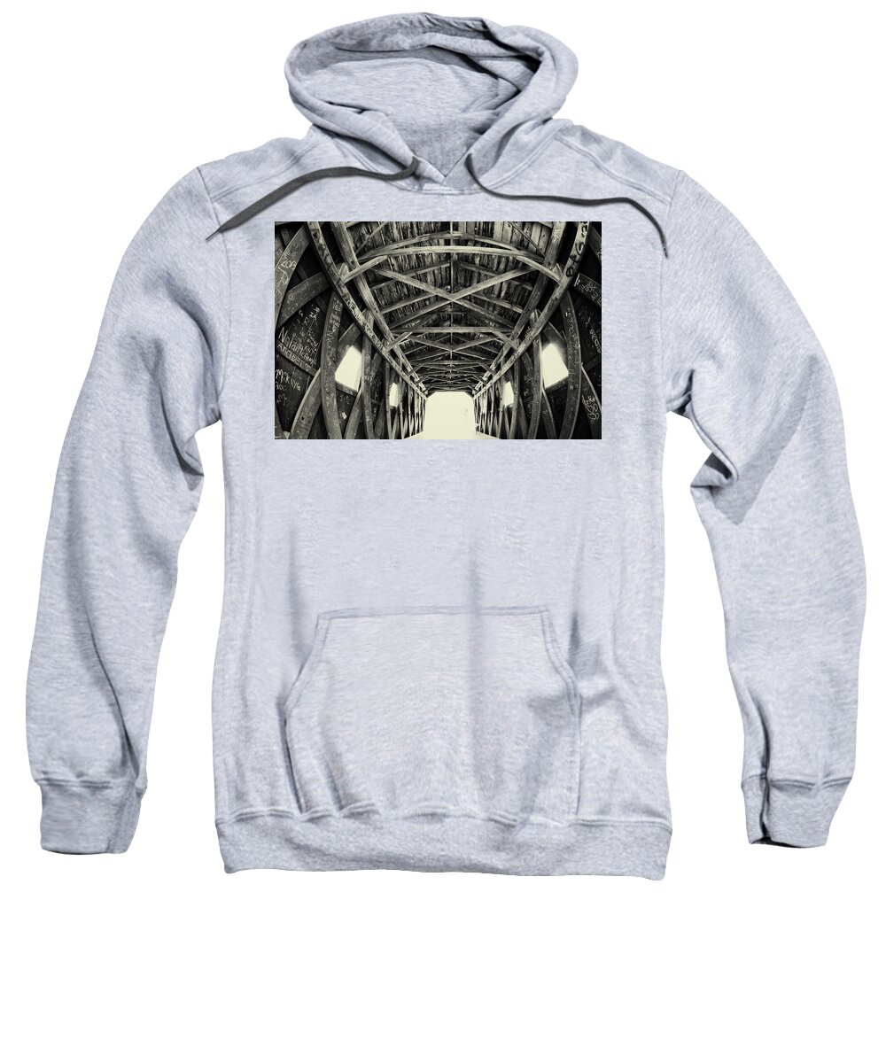 Covered Bridge Sweatshirt featuring the photograph Covered Bridge at Kent Falls with graffiti by Kyle Lee