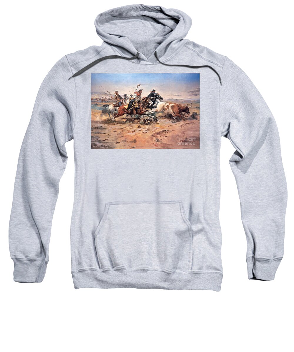 Cowboys Sweatshirt featuring the painting Cowboys roping a steer by Charles Marion Russell