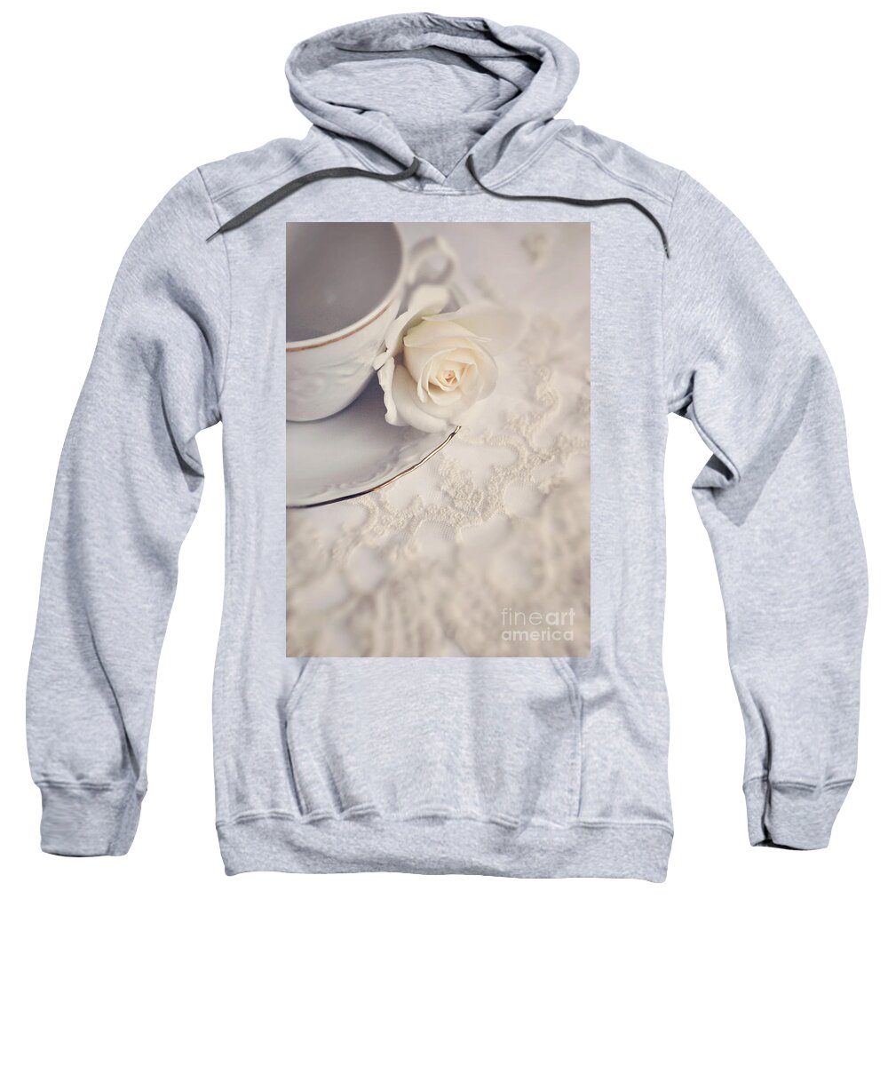 Rose Sweatshirt featuring the photograph Cream rose on white china cup by Lyn Randle
