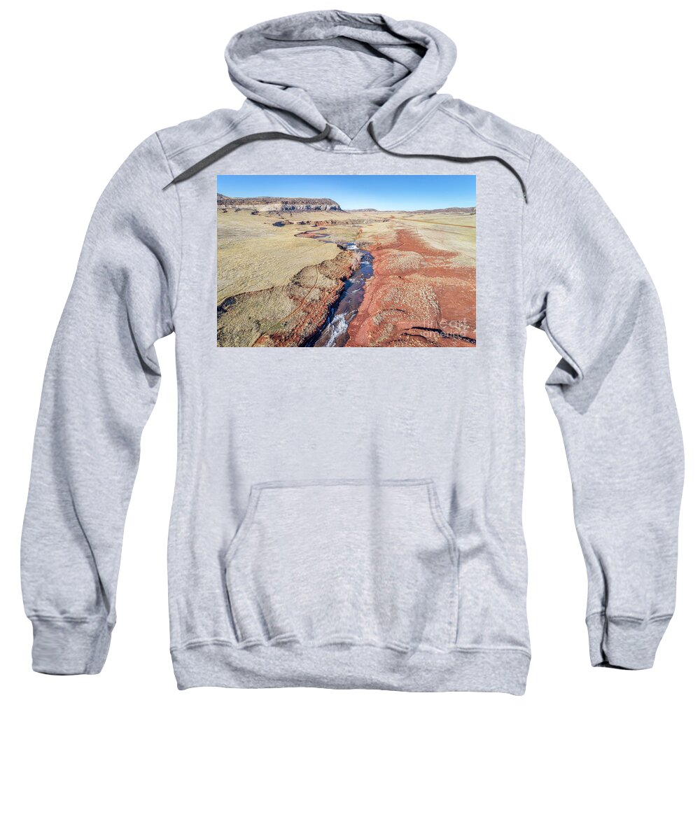 Colorado Sweatshirt featuring the photograph creek at Colorado foothills - aerial view by Marek Uliasz