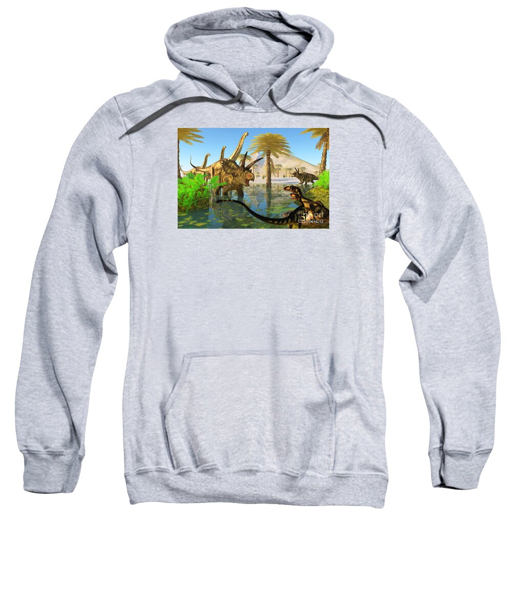Coahuilaceratops Sweatshirt featuring the painting Cretaceous Swamp by Corey Ford