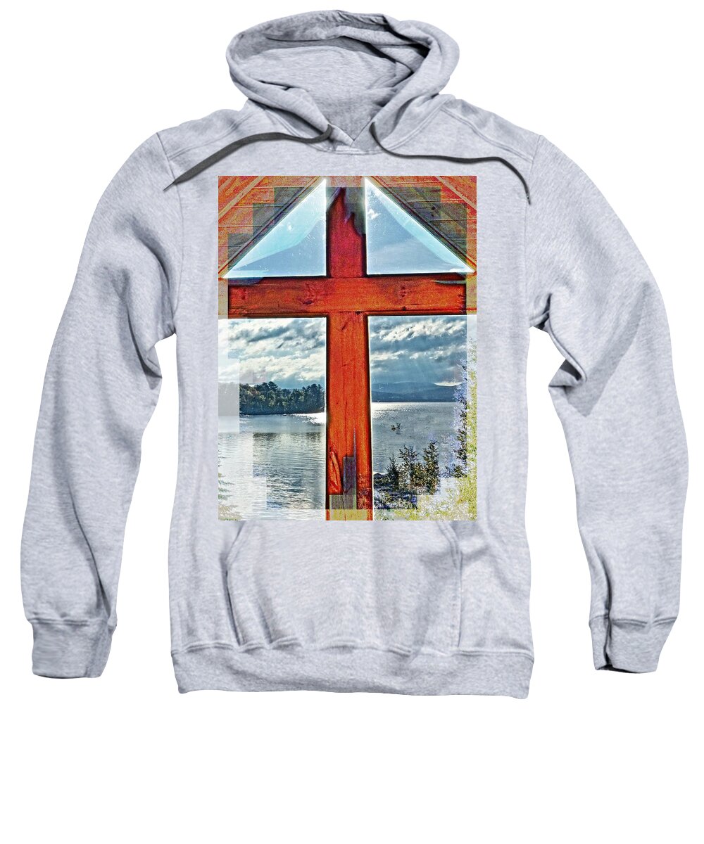 Cross Sweatshirt featuring the photograph Cross Window Lake View by Russel Considine