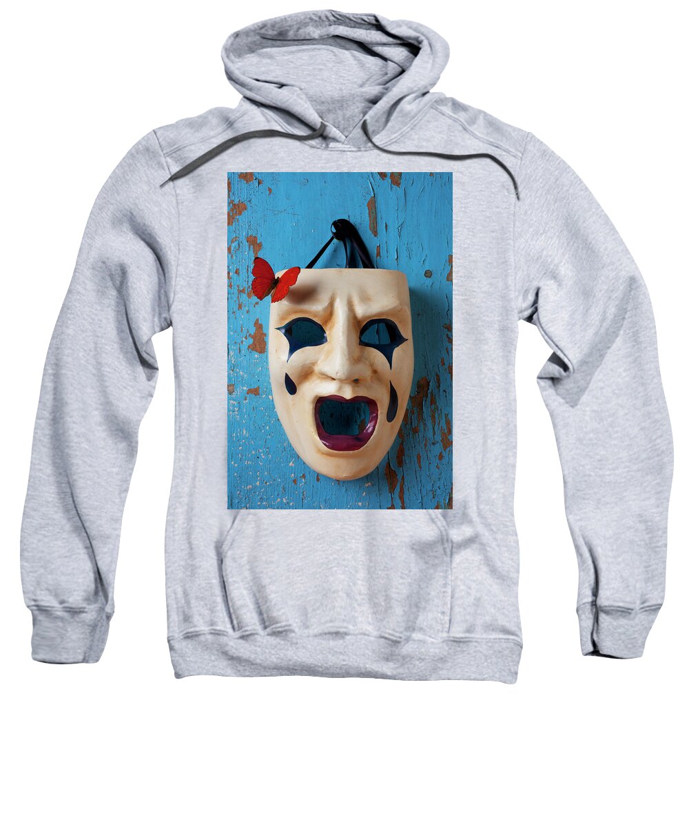 Crying Sweatshirt featuring the photograph Crying mask and red butterfly by Garry Gay