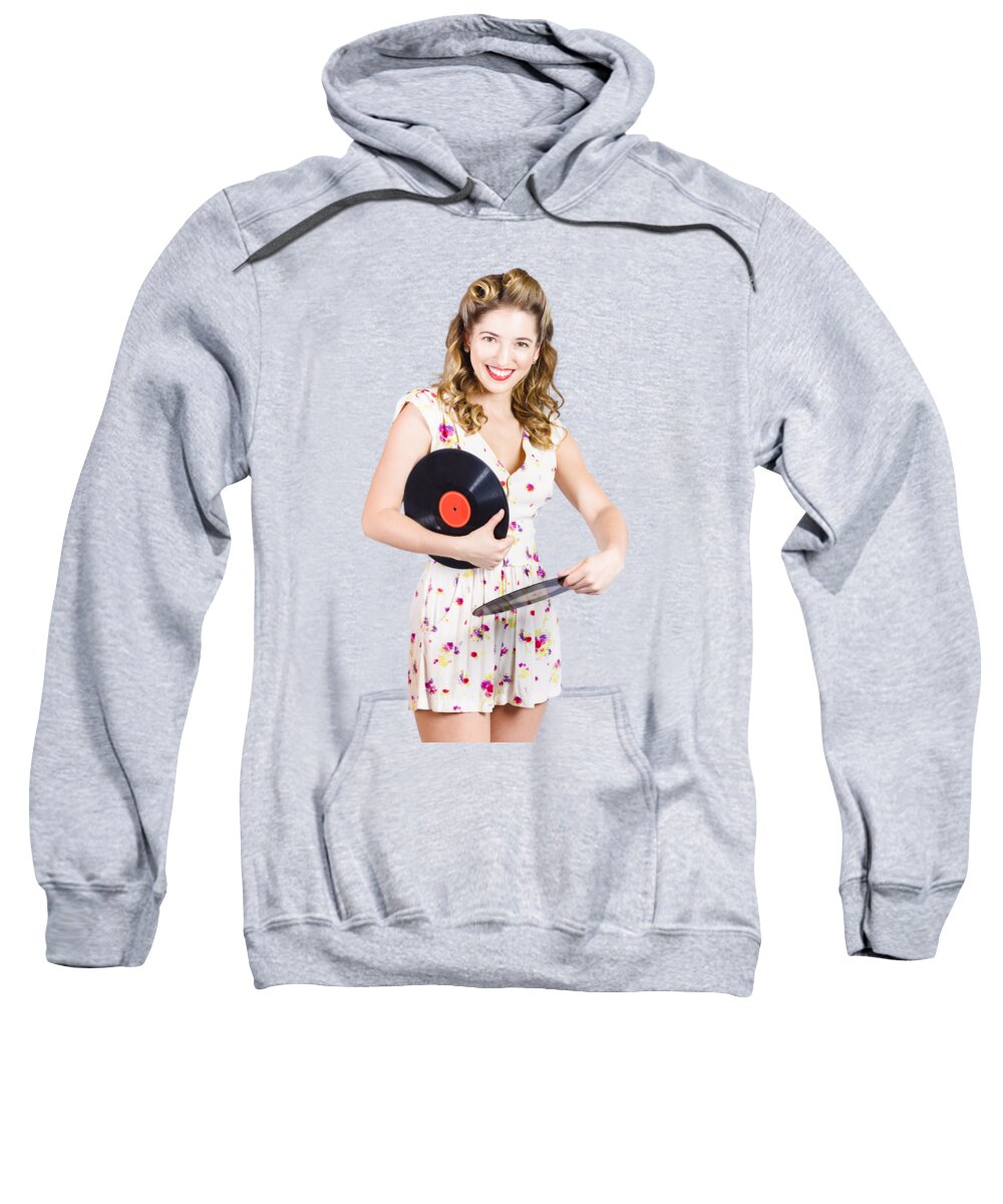 Spinning Sweatshirt featuring the photograph DJ disco pin-up girl rocking out to retro vinyl by Jorgo Photography