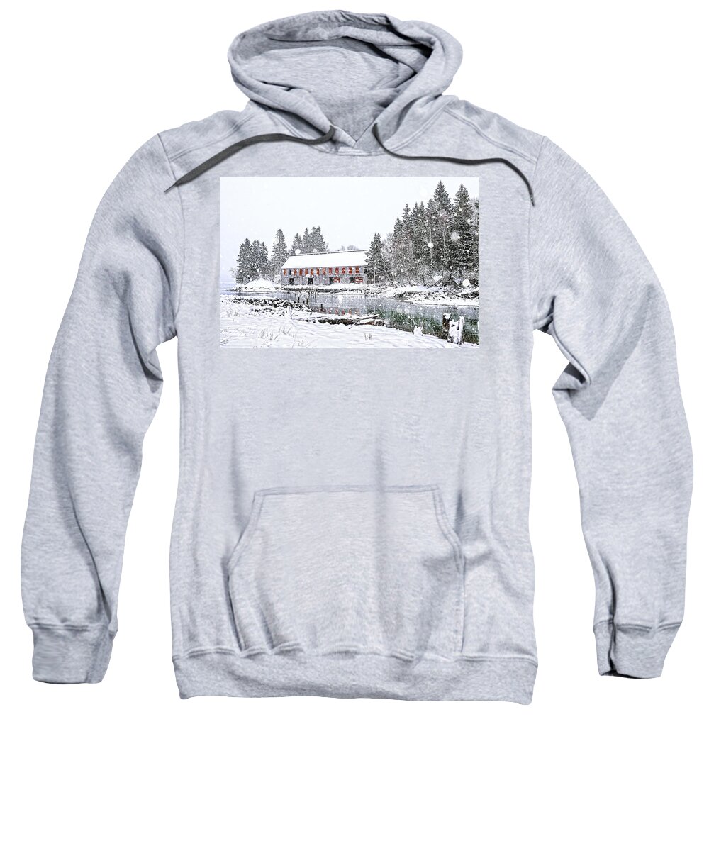 Down East Maine Smokehouse Snowscape Sweatshirt featuring the photograph Down East Maine Smokehouse Snowscape by Marty Saccone