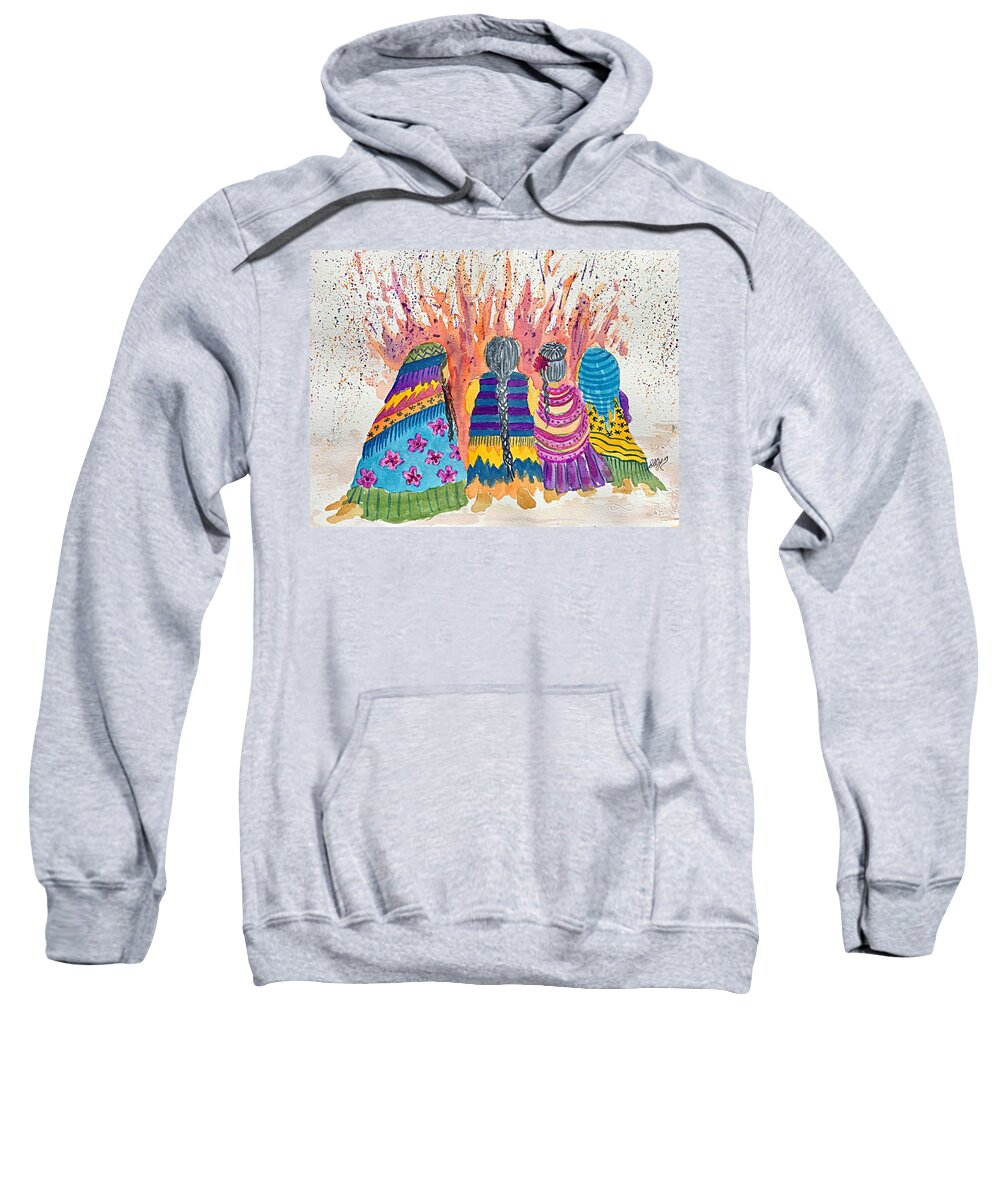 Earth Mothers Sweatshirt featuring the painting Earth Mothers - Feeding the Fire by Ellen Levinson