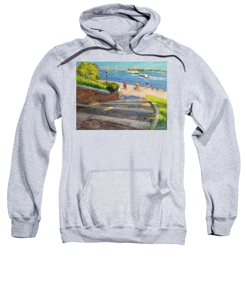 Landscape Painting Sweatshirt featuring the painting East River from Carl Schurz Park by Peter Salwen