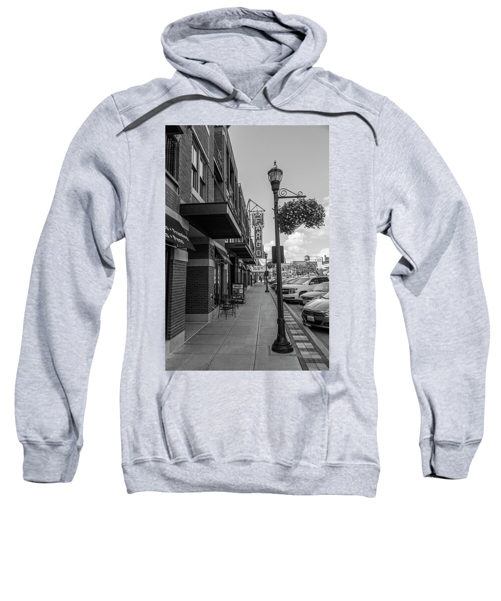 Fargo Sweatshirt featuring the photograph Fargo Sign and Sidewalk Black and White by John McGraw