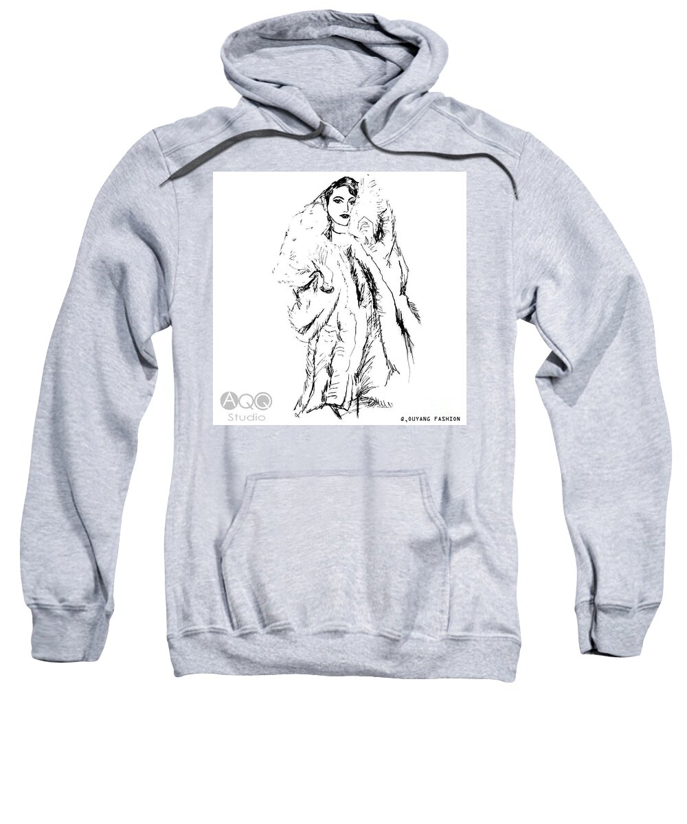 Fashion Illustration Sweatshirt featuring the painting Fashion Lady in Fur Coat by Leslie Ouyang