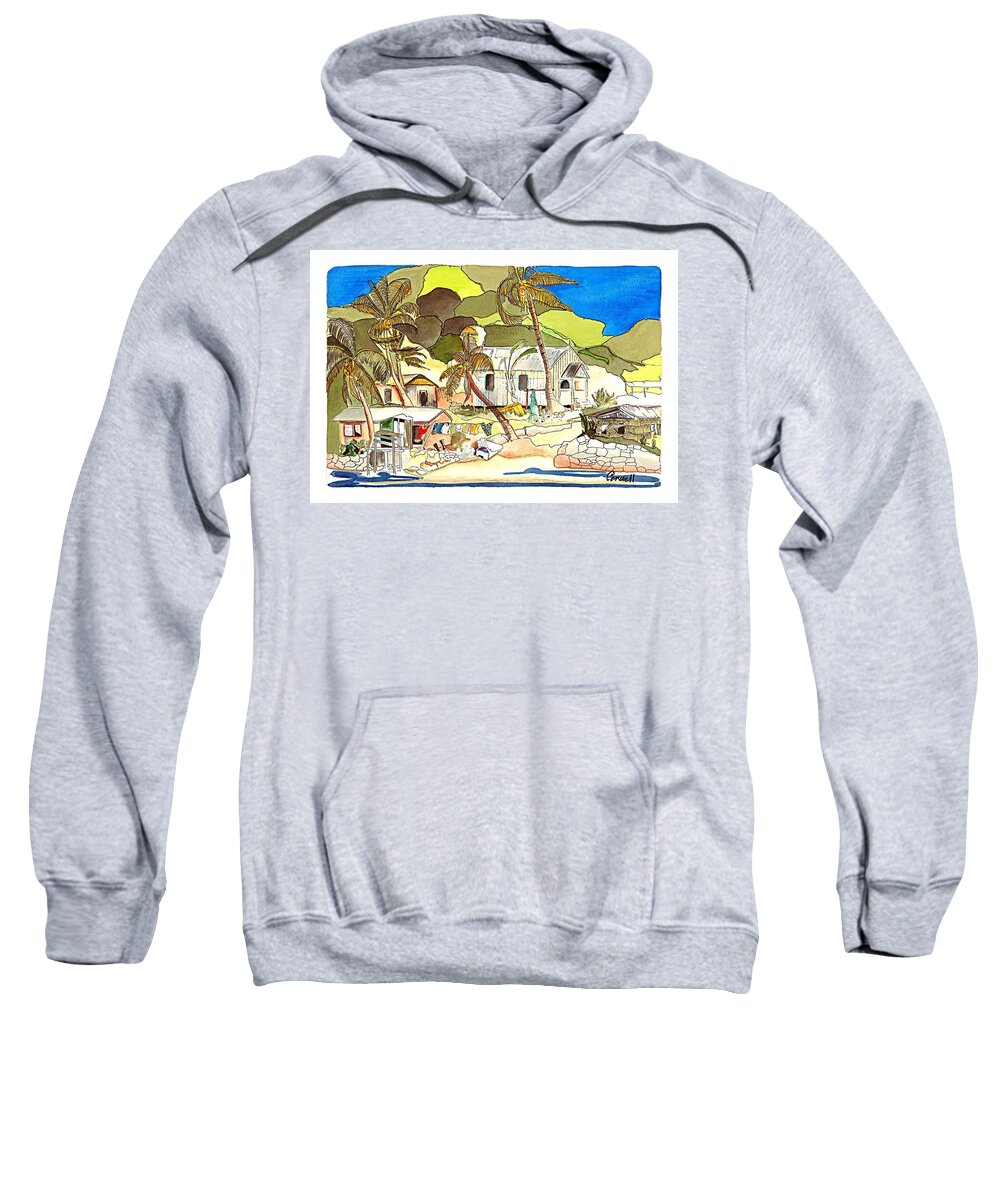 Fiji - South Pacific Tropical Islands Sweatshirt featuring the painting Fishing Village - Fiji by Joan Cordell