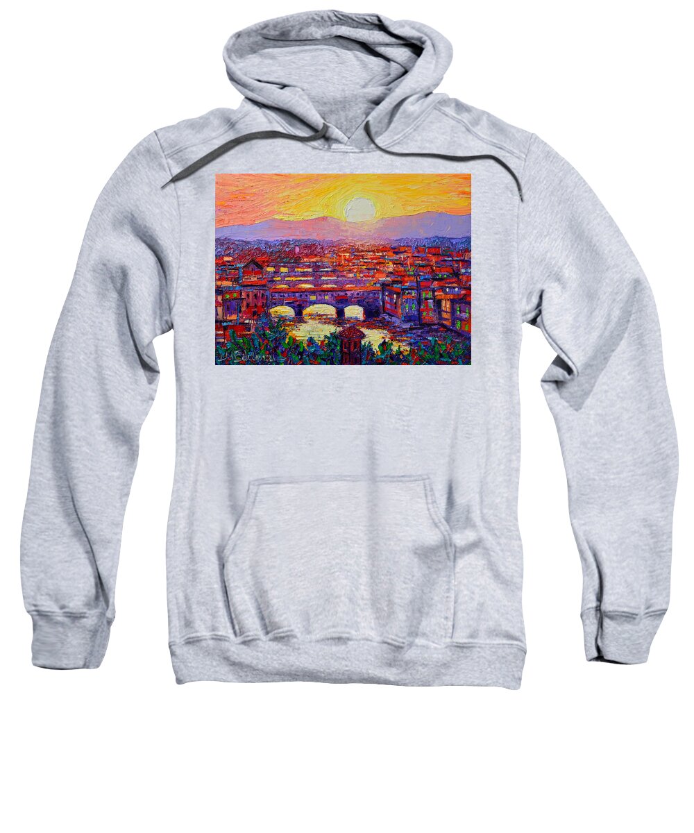 Florence Sweatshirt featuring the painting Florence Sunset Over Ponte Vecchio Abstract Impressionist Knife Oil Painting By Ana Maria Edulescu by Ana Maria Edulescu