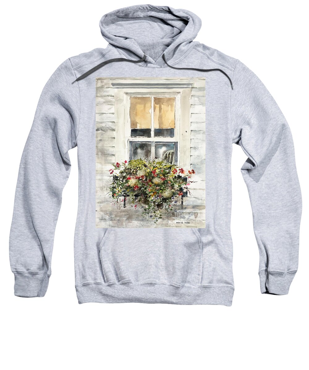 A Beautiful Array Of Blooming Flowers In A Flower Box Outside A Window Of A Rustic House. Sweatshirt featuring the painting Flower Box by Monte Toon