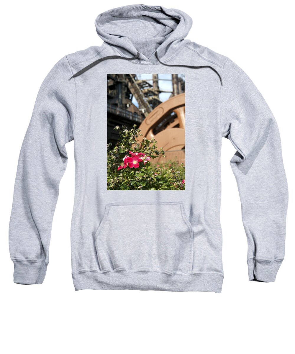 Bethlehem Steel Sweatshirt featuring the photograph Flowers and Steel by Michael Dorn