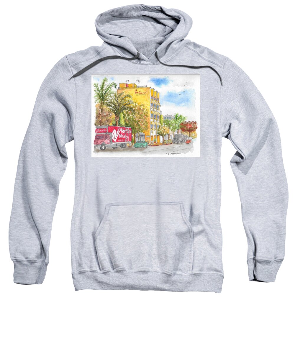 Fred Hayman Building Sweatshirt featuring the painting Fred Hayman Building, Cannon Dr and Clifton, Beverly Hills, CA by Carlos G Groppa