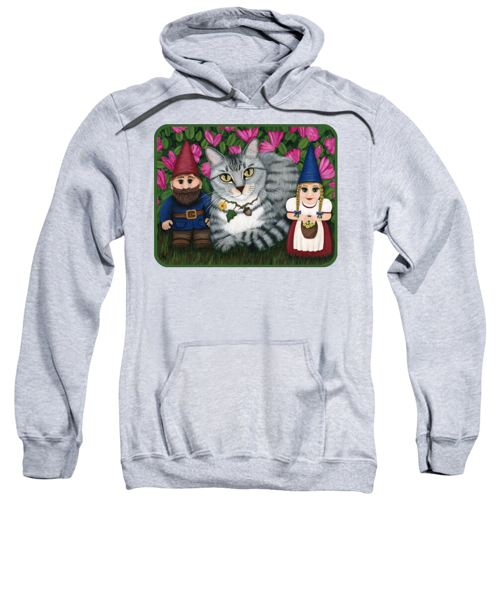 Silver Tabby Cat Sweatshirt featuring the painting Garden Friends - Tabby Cat and Gnomes by Carrie Hawks