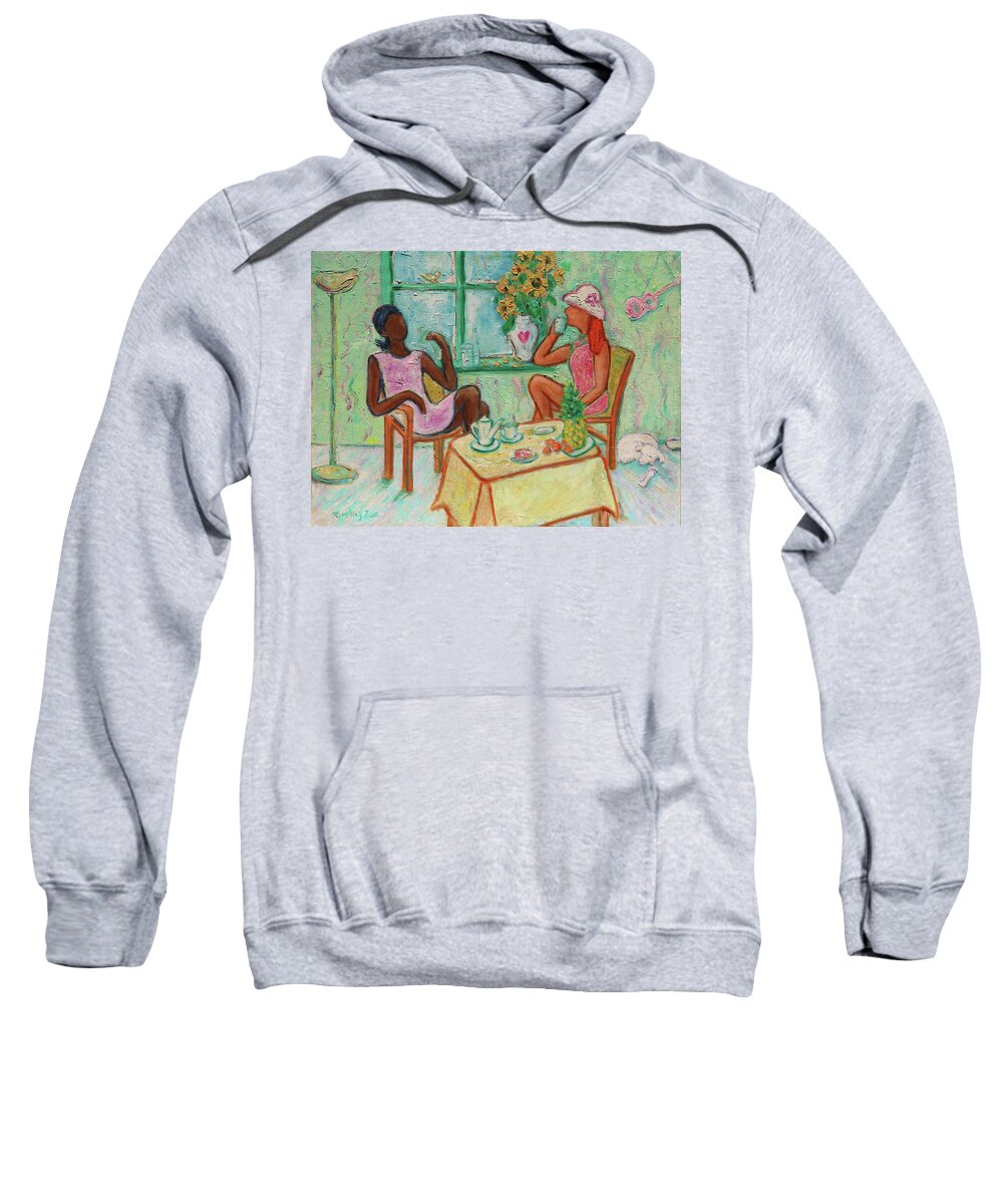 Figurative Sweatshirt featuring the painting Girlfriends' Teatime V by Xueling Zou