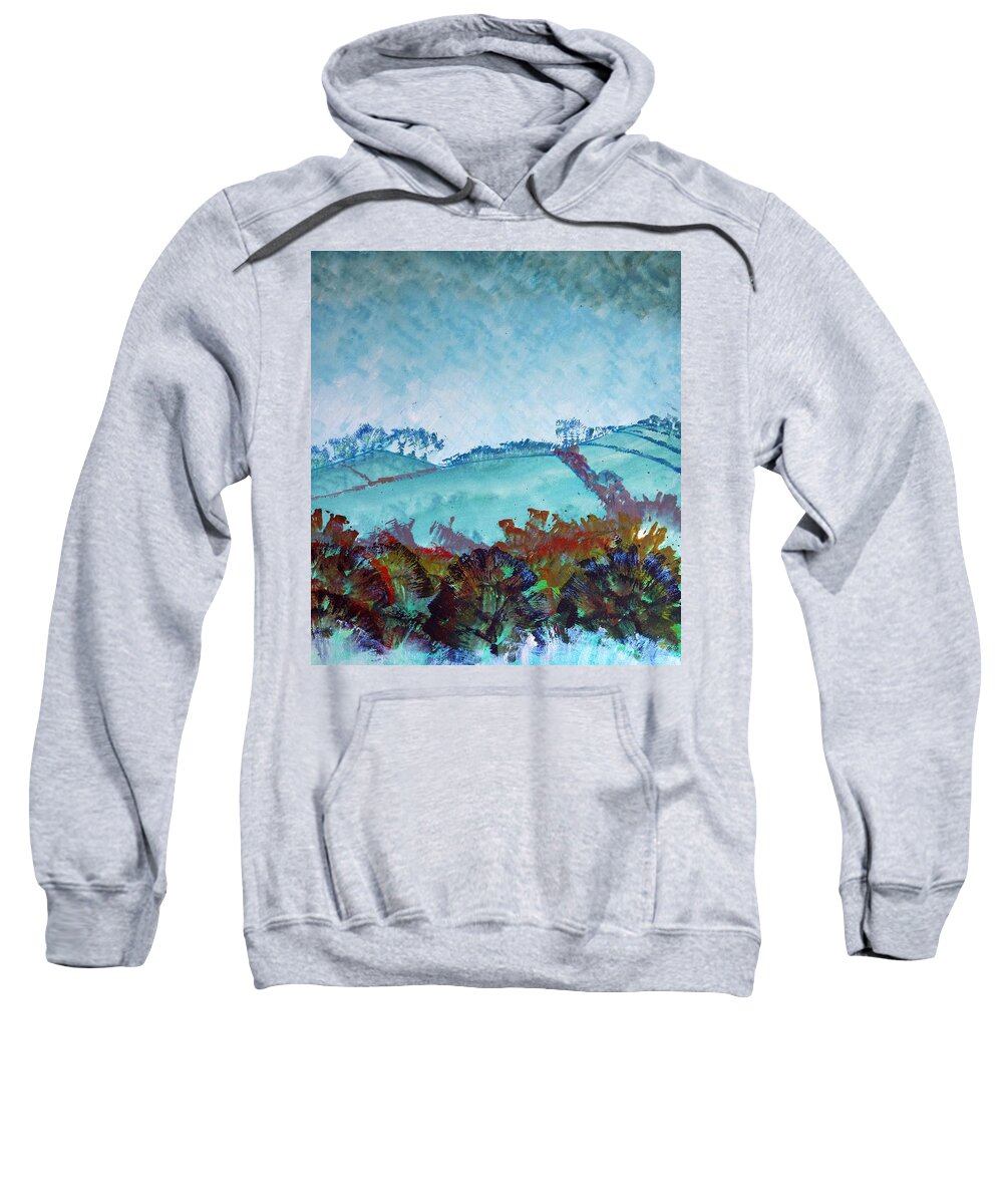 Gloomy Sweatshirt featuring the painting Gloomy overcast cloudy day Devon rolling hills by Mike Jory