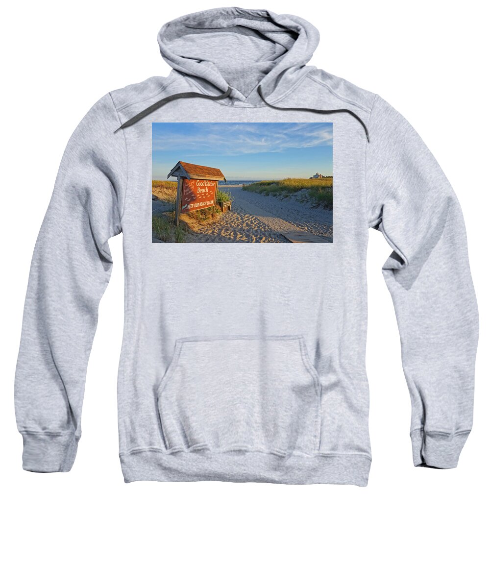 Gloucester Sweatshirt featuring the photograph Good Harbor Sign at Sunset by Toby McGuire