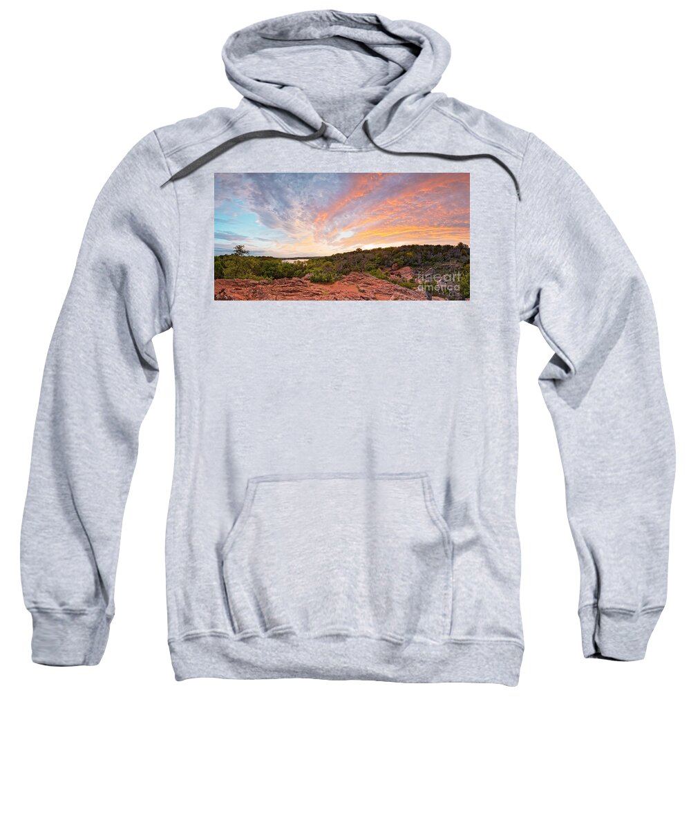 Inks Lake Sweatshirt featuring the photograph Granite Hills of Inks Lake State Park Against Fiery Sunset - Burnet County Texas Hill Country by Silvio Ligutti