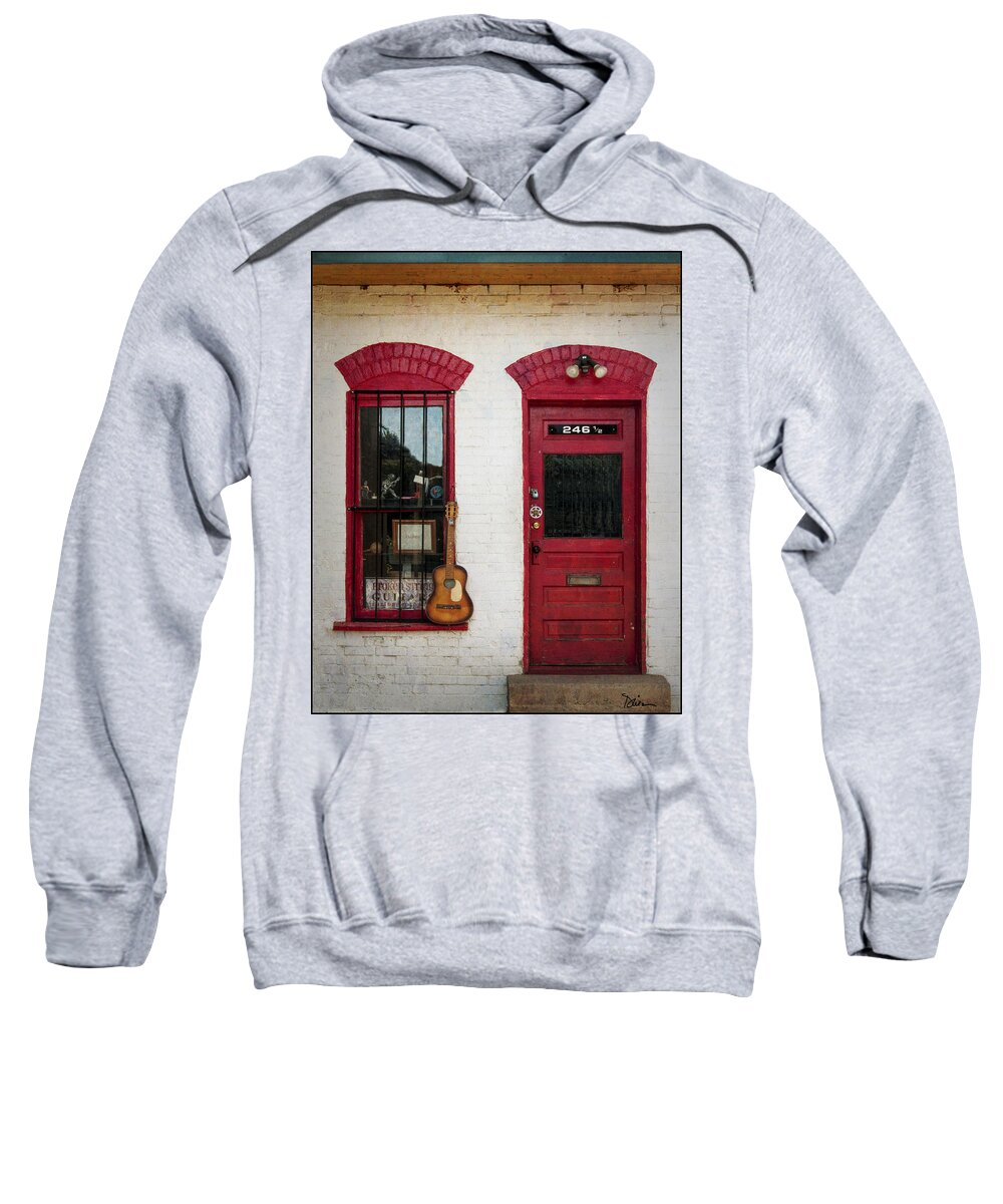 Red Sweatshirt featuring the photograph Guitar Store in Salida by Peggy Dietz