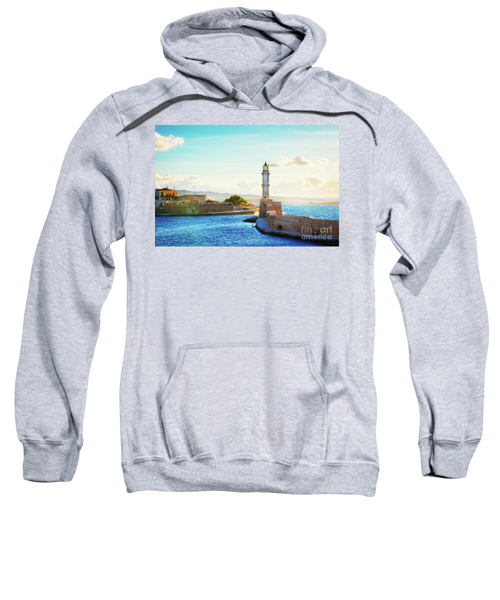 Chania Sweatshirt featuring the photograph Habour and Lighthouse of Chania by Anastasy Yarmolovich