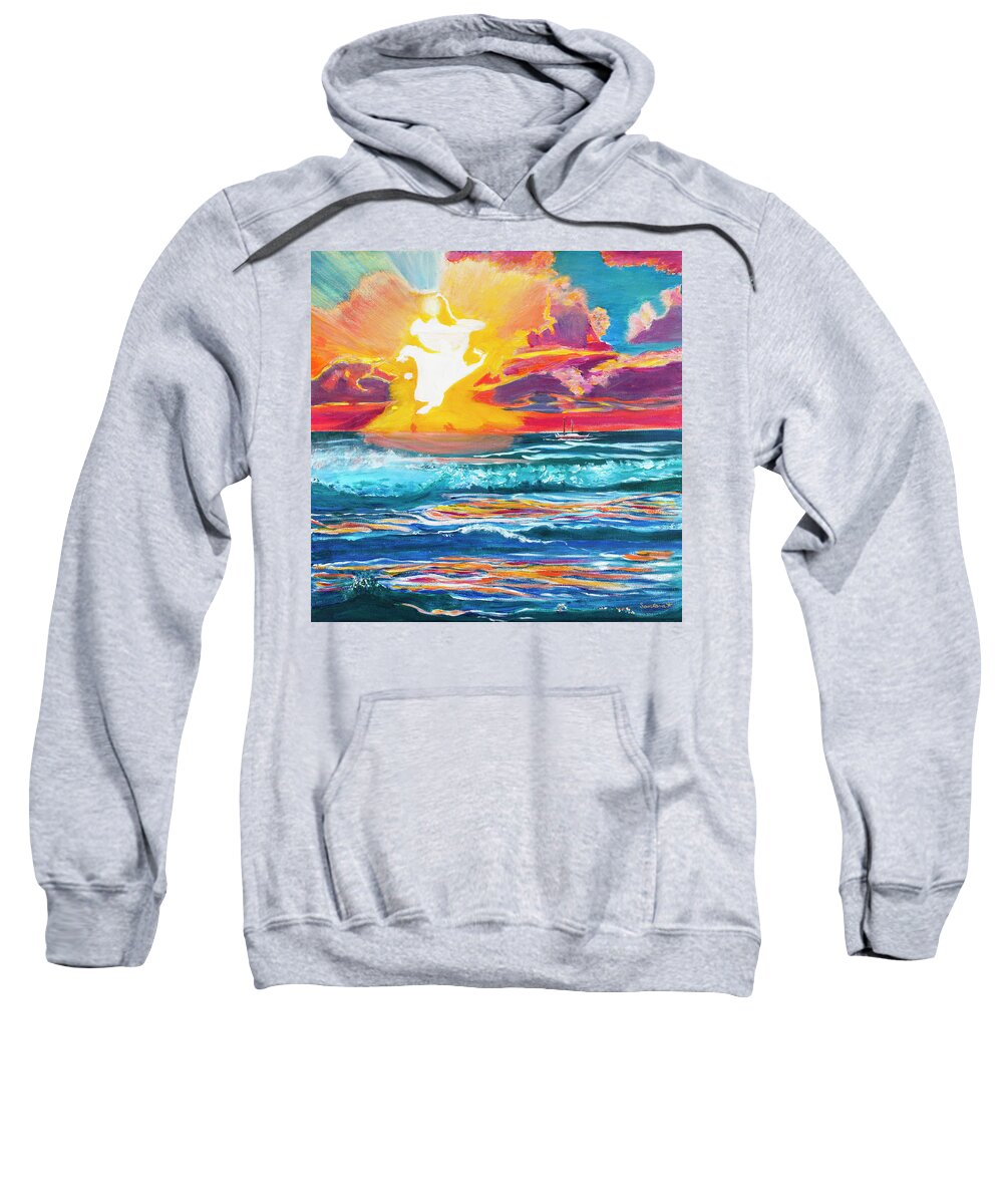  Polynesian Sweatshirt featuring the painting Hamoa Sunrise and Hokulea 20x20 by Santana Star