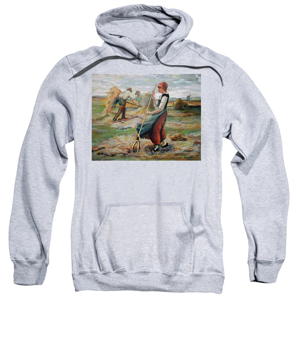 Landscape Sweatshirt featuring the painting Hay Field Workers by Mike Benton