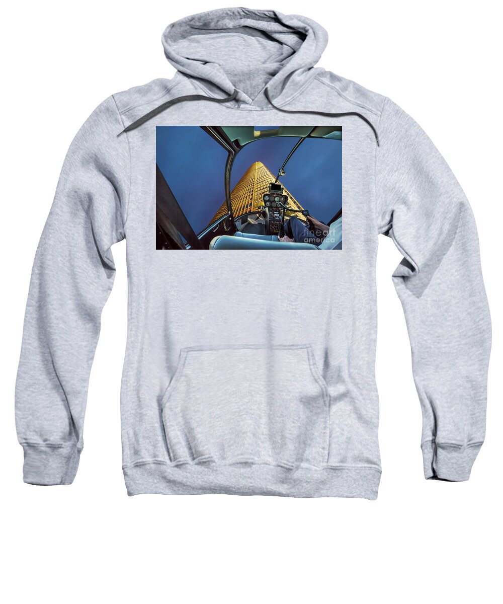Hong Kong Sweatshirt featuring the photograph Helicopter on skyscaper facade by Benny Marty