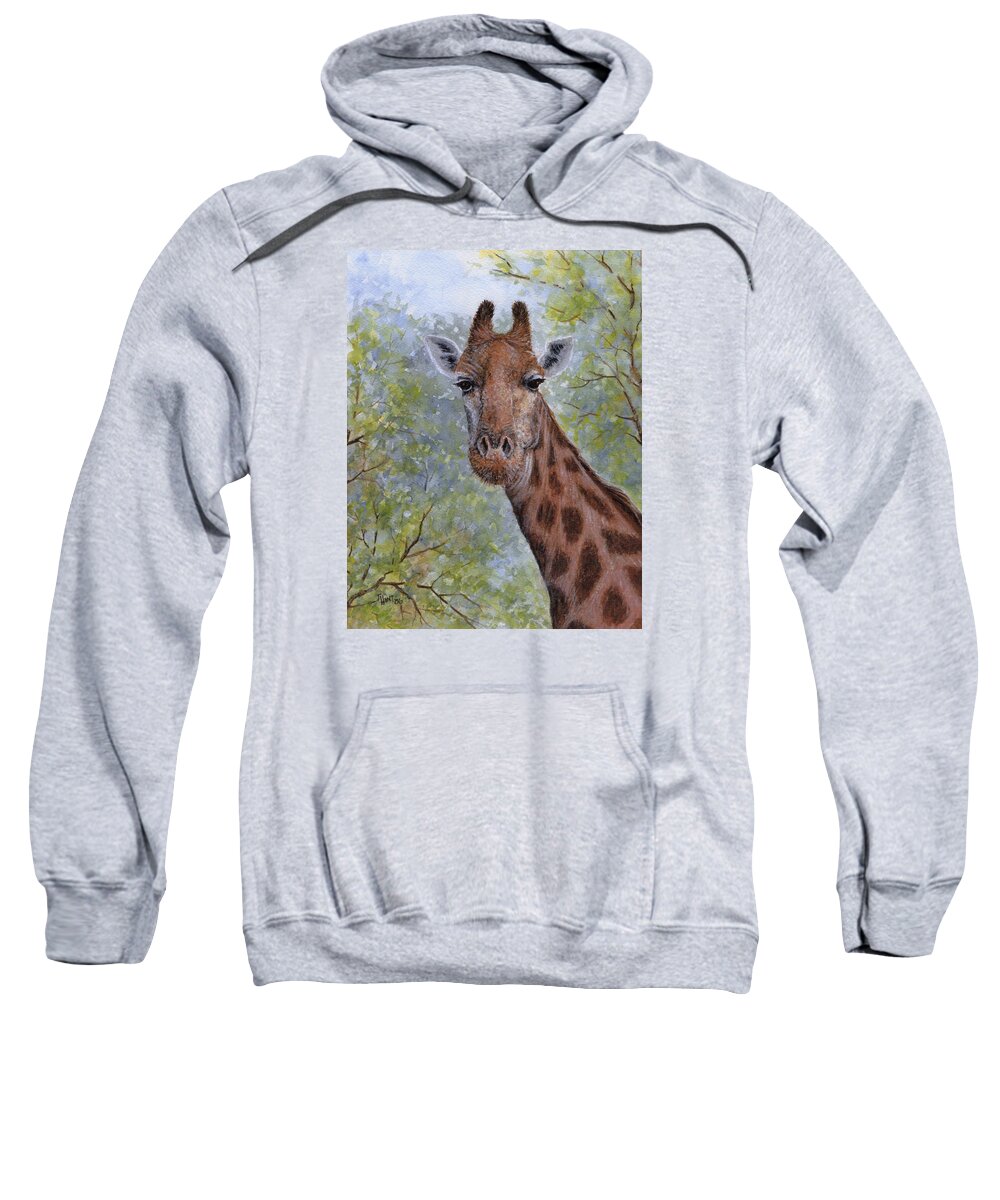 Giraffe Sweatshirt featuring the painting Here's Looking at You by June Hunt