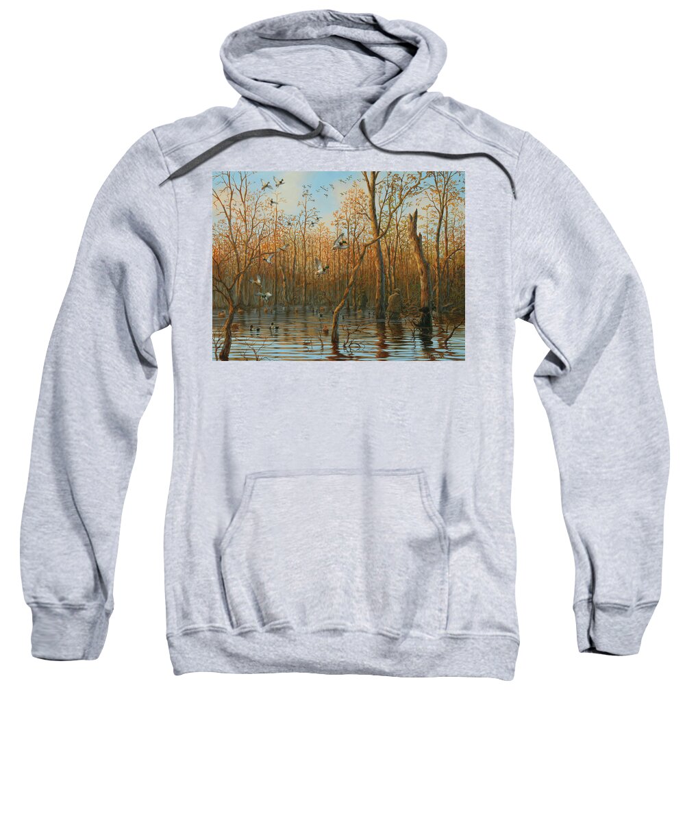 Mallards Sweatshirt featuring the painting Honey Hole by Guy Crittenden
