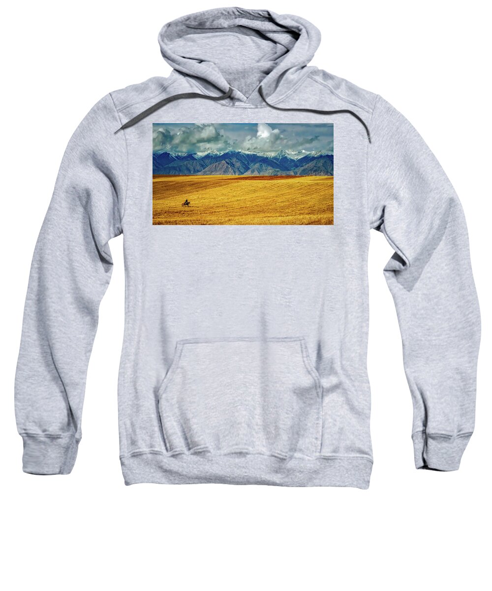 Kyrgyzstan Sweatshirt featuring the photograph Horse Ride In Mountain Meadow by Mountain Dreams