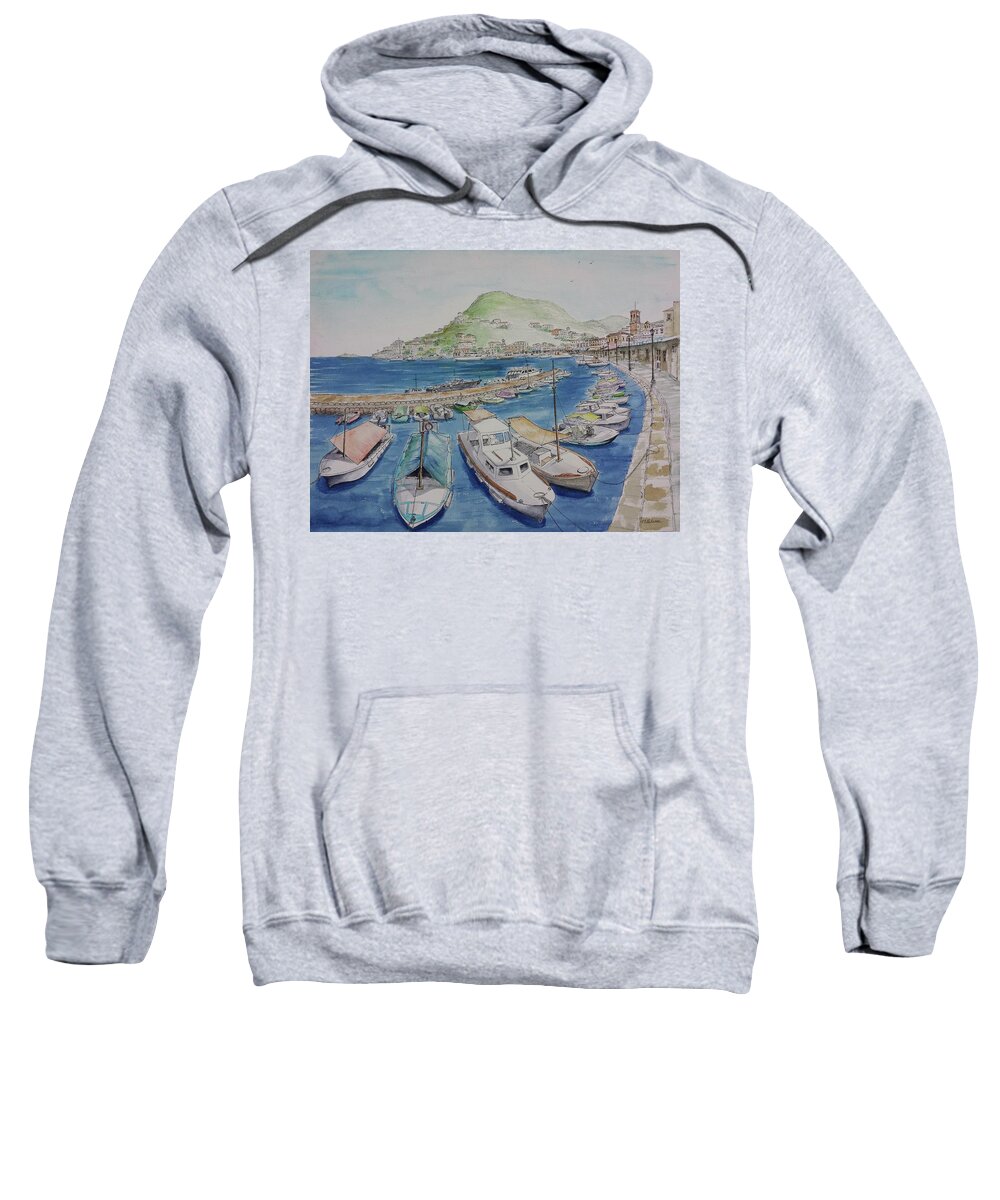 Boat Sweatshirt featuring the painting Hydra Harbor by Vic Delnore