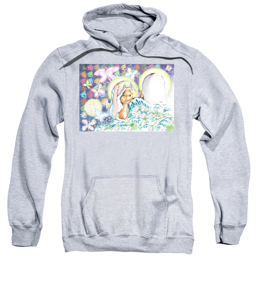 Obsidian Butterfly Sweatshirt featuring the drawing Itzpapalotl y la joven virgin by Doug Johnson