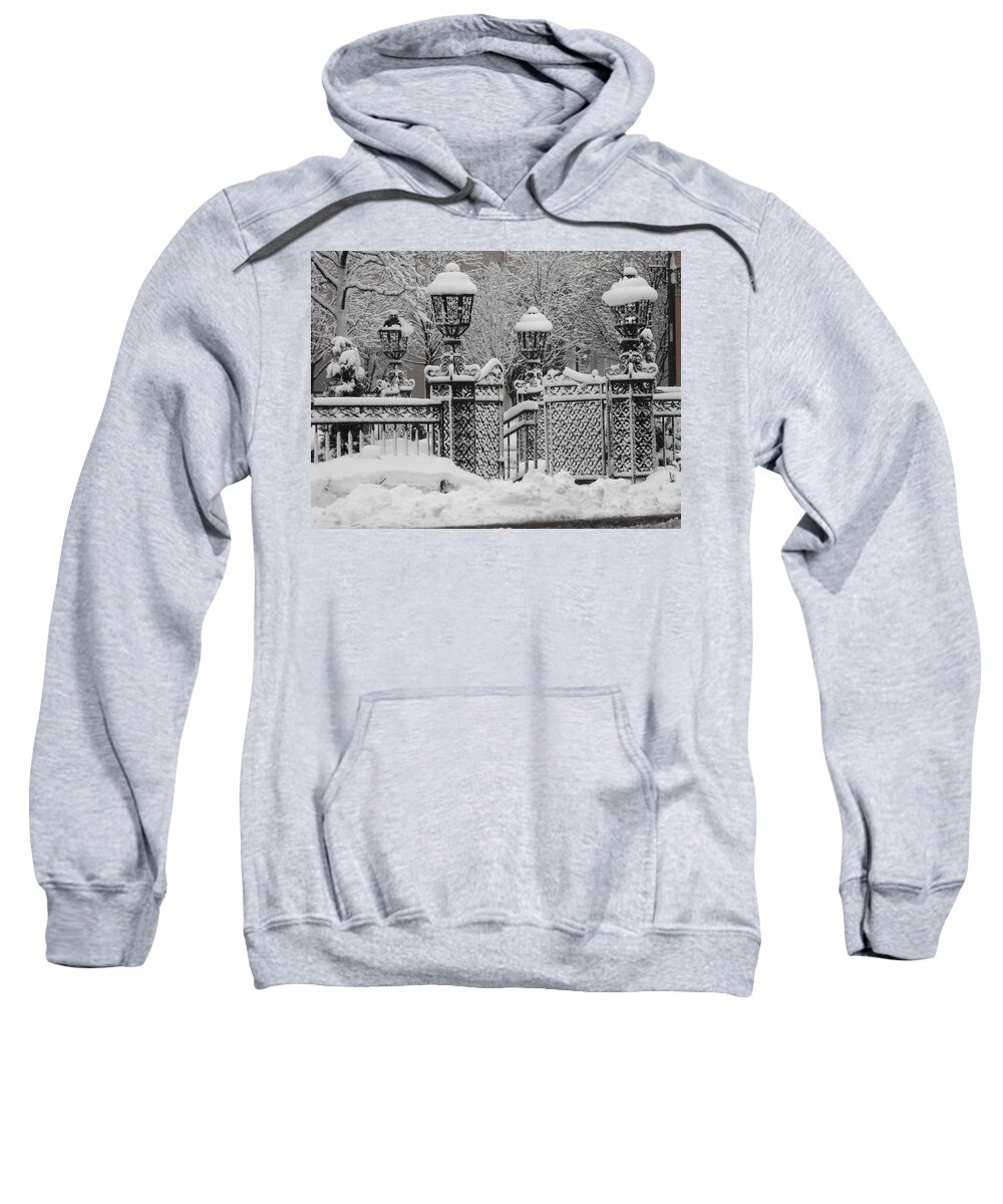 Country Club Plaza Sweatshirt featuring the photograph KC Plaza is Art in the Snow by Michael Oceanofwisdom Bidwell