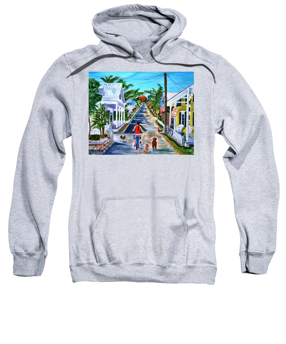 Key West Sweatshirt featuring the painting Key West Lane by Linda Cabrera